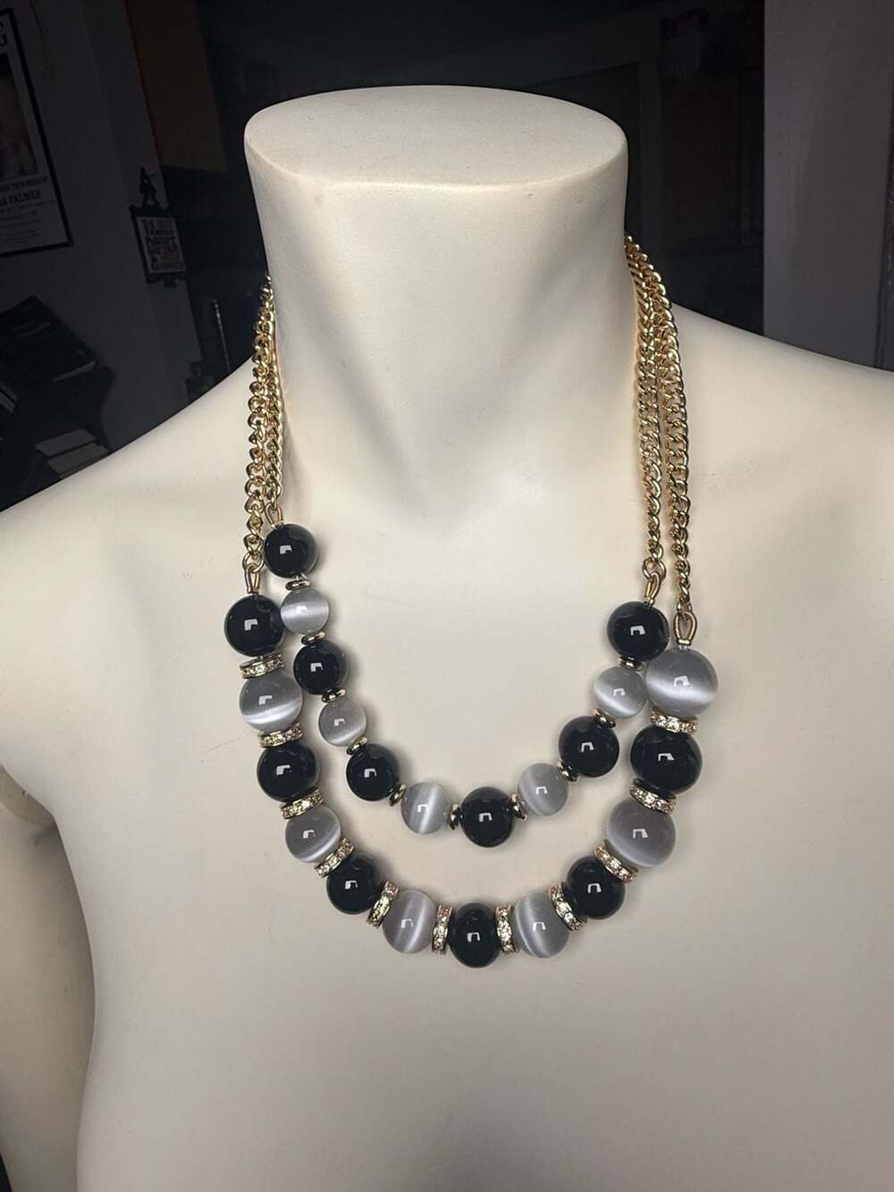 Talbots Double Strand Beaded Necklace Black Gray Gold Tone